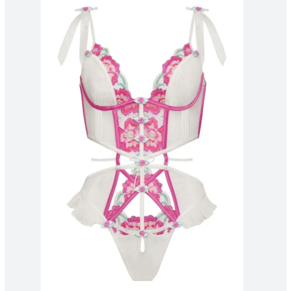 For Love And Lemons White and Hot Pink Floral Embroidered Bustier Set